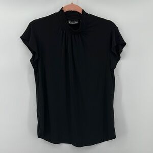7th Avenue Design Black Blouse with Mandarin Collar and Cap Sleeves Size Large